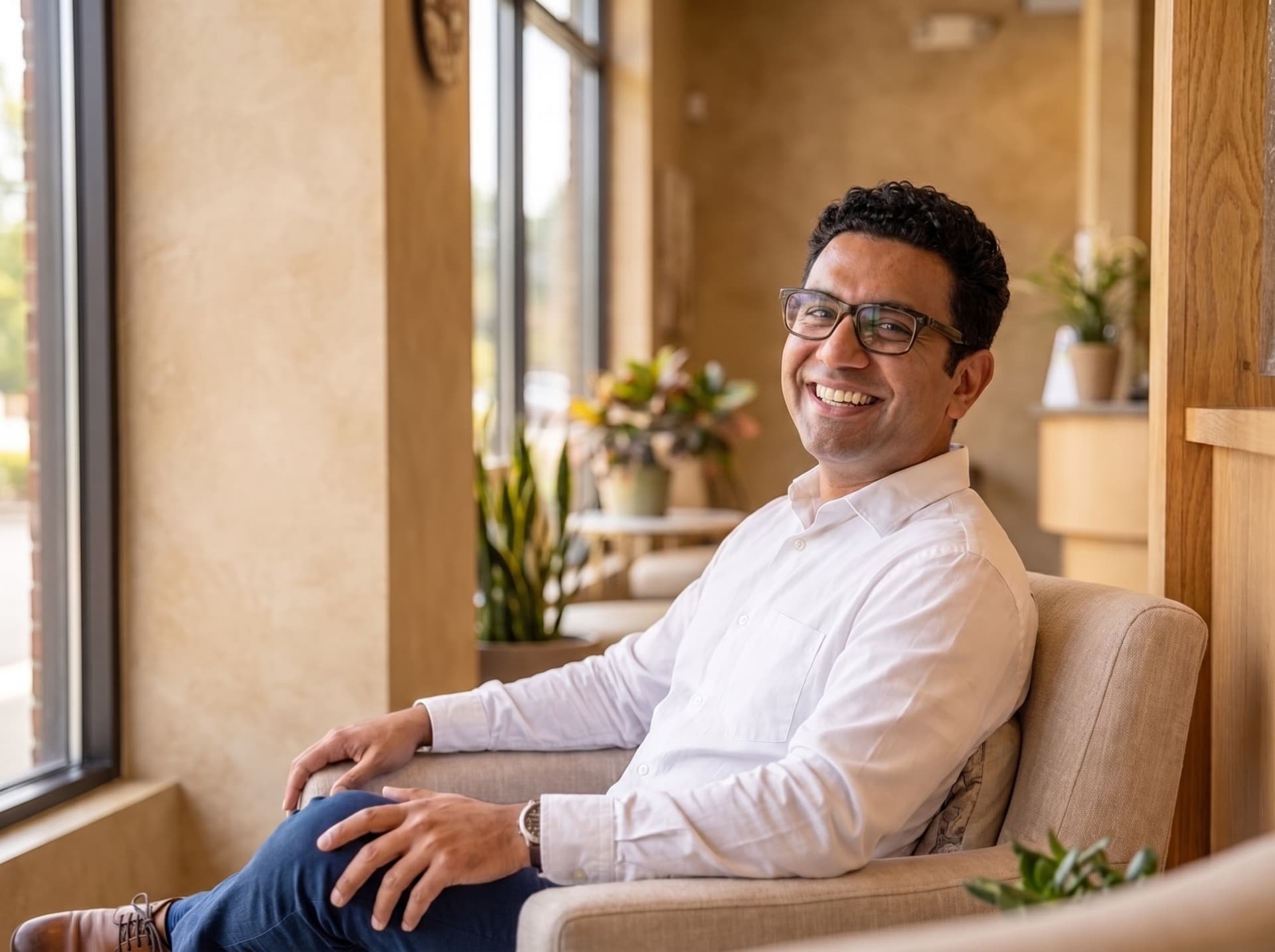 A patient sitting relaxed in the waiting area, smiling, with daylight from the windows behind him