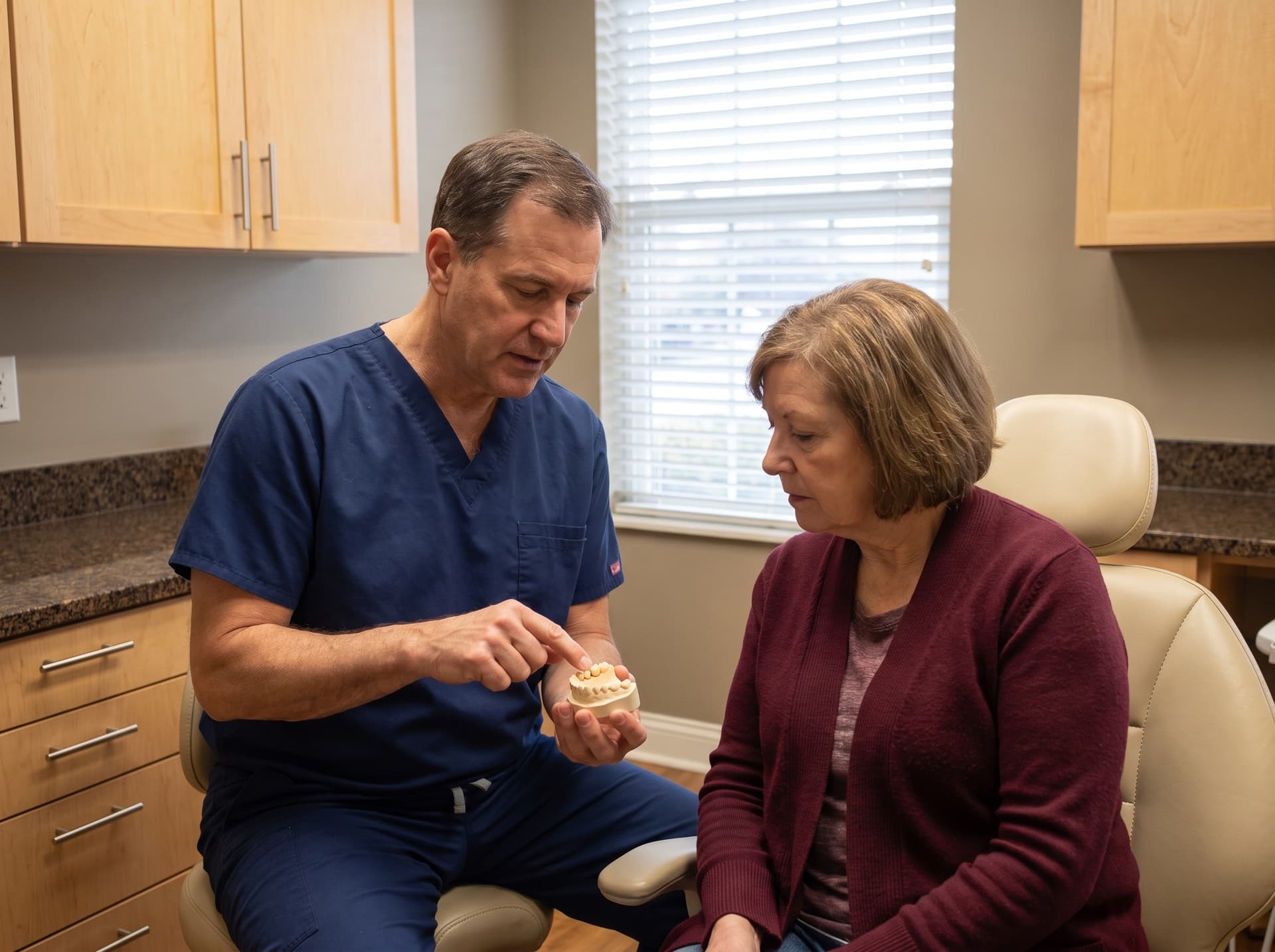 A clinician holding a small stone dental model in his palm and pointing to the teeth on it while a woman in the treatment chair leans in to look