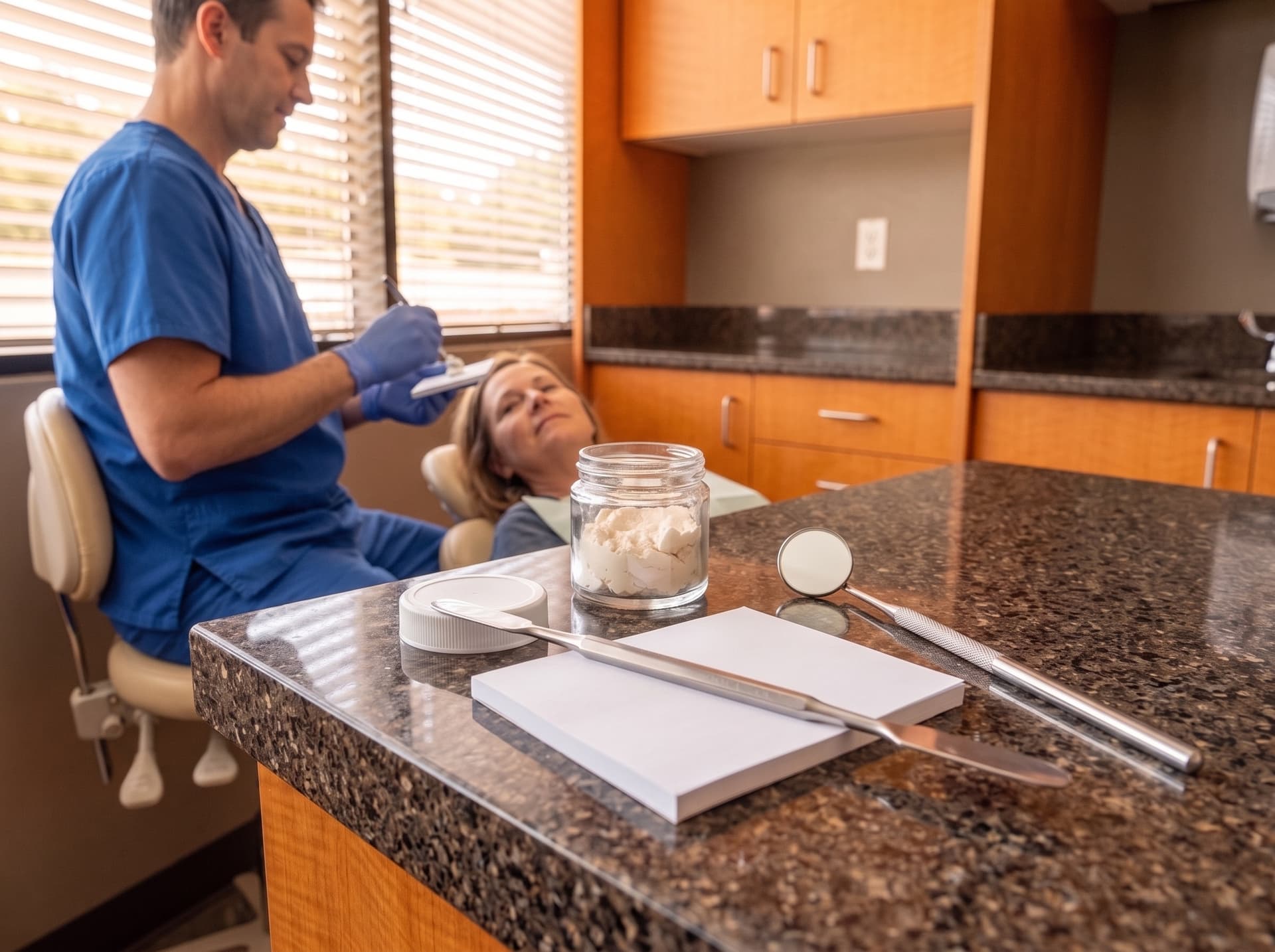 A jar of white dental material, a mixing pad, a spatula and a mouth mirror on the counter in the foreground, a clinician making notes beside a reclined patient behind