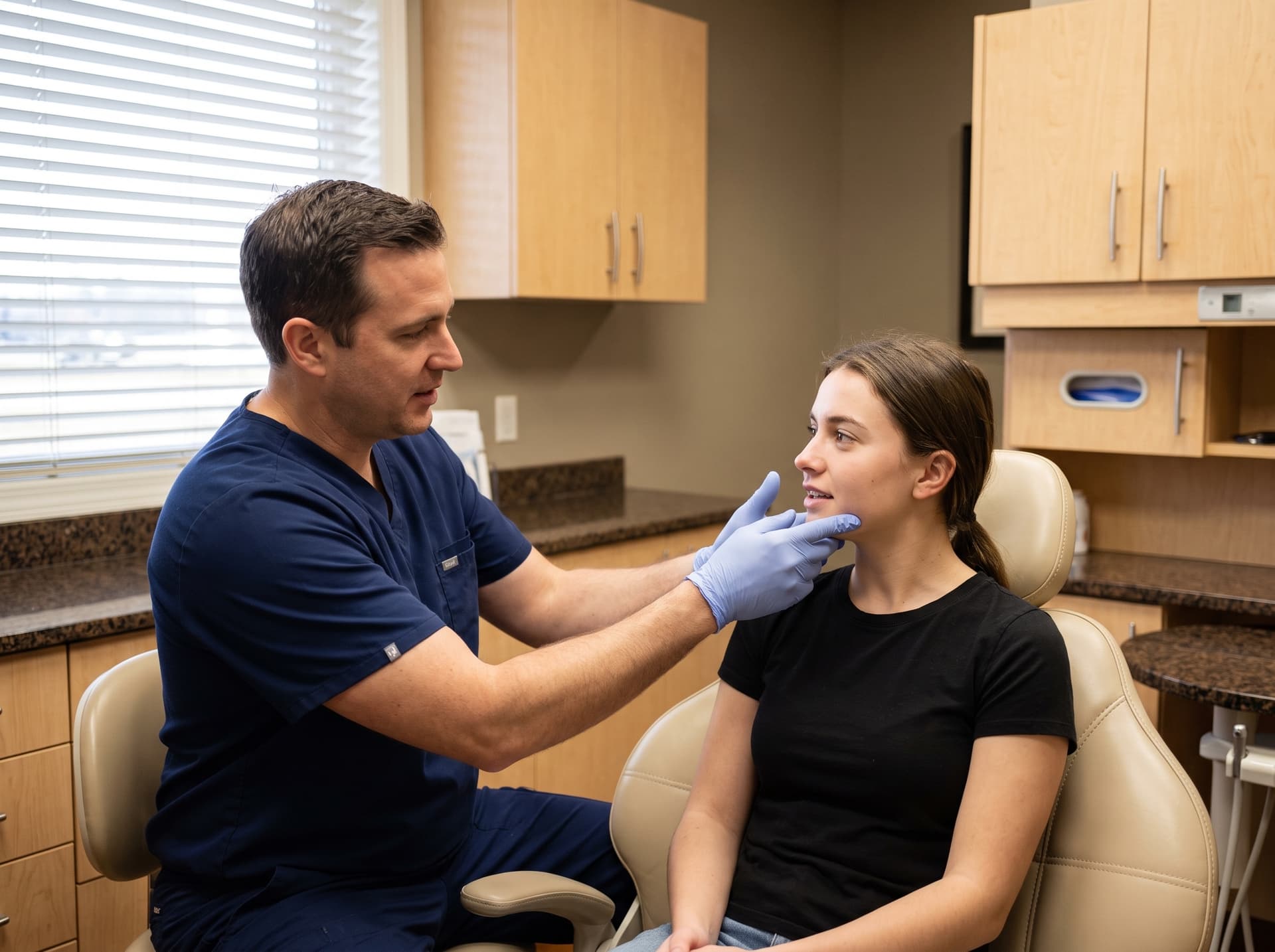 A clinician feeling along the jaw of a young woman seated in the treatment chair with a gloved hand, talking her through what he finds