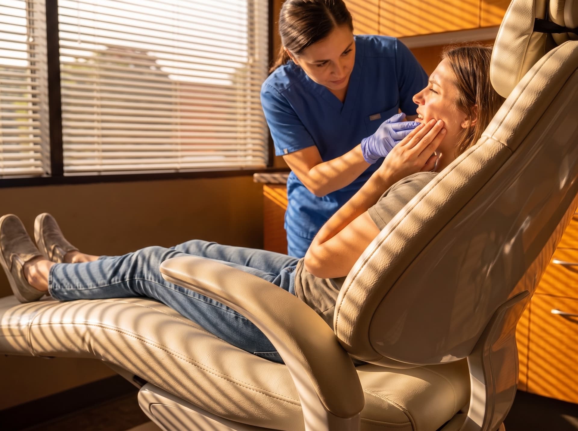 A patient in the treatment chair with a hand to the lower jaw, a clinician leaning in, late-afternoon light striping the room